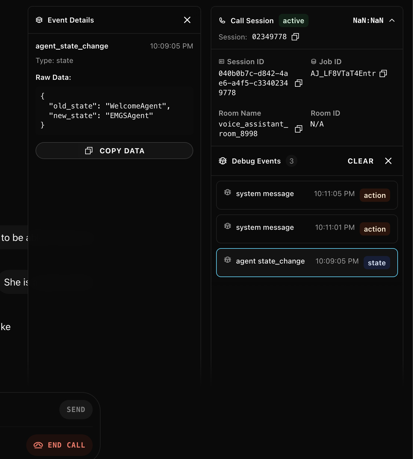 Debug panel showing live agent state transitions and performance metrics