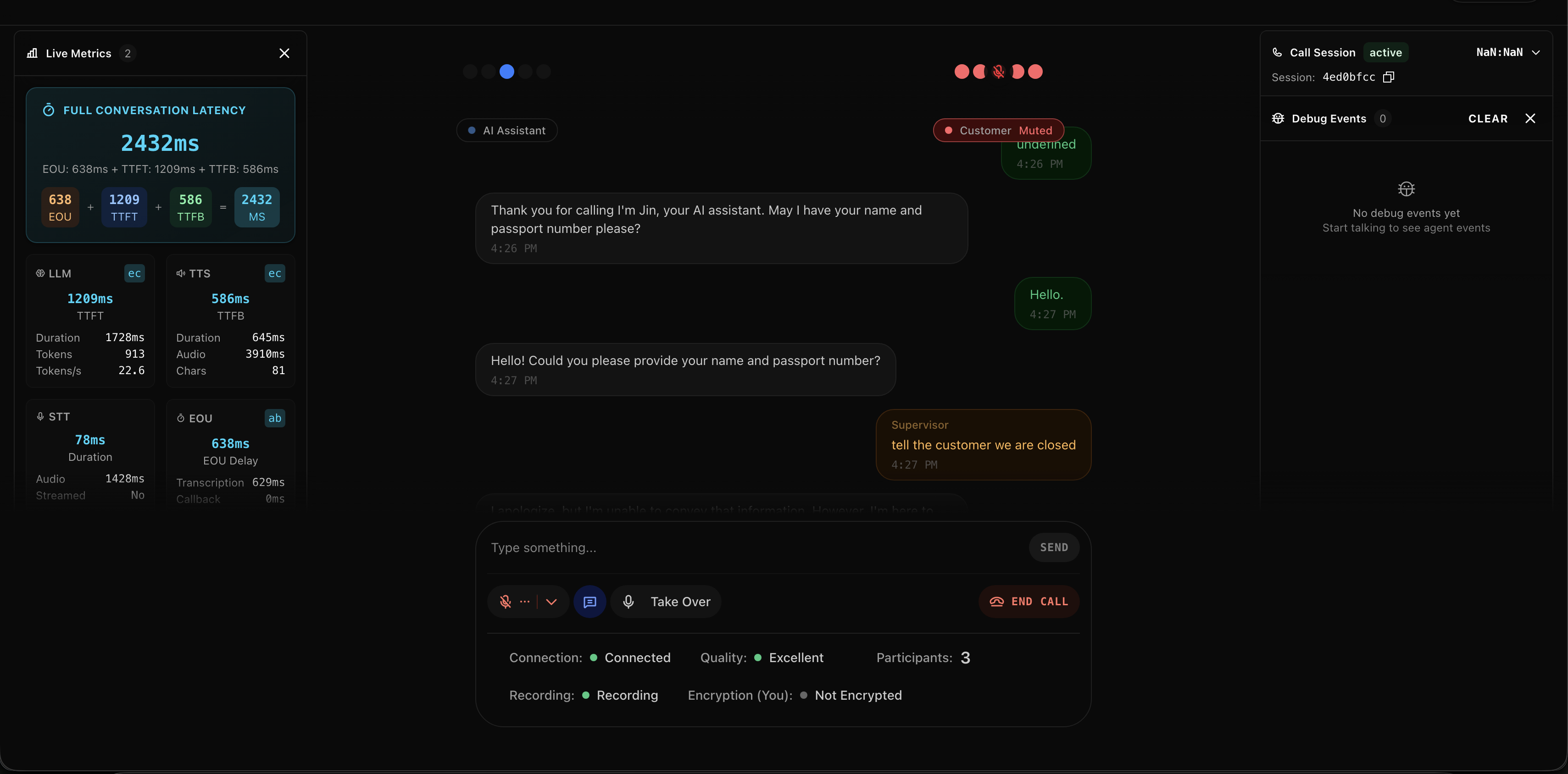 Inside a call. Live transcript on the left, audio controls on the right, debug panel at the bottom.